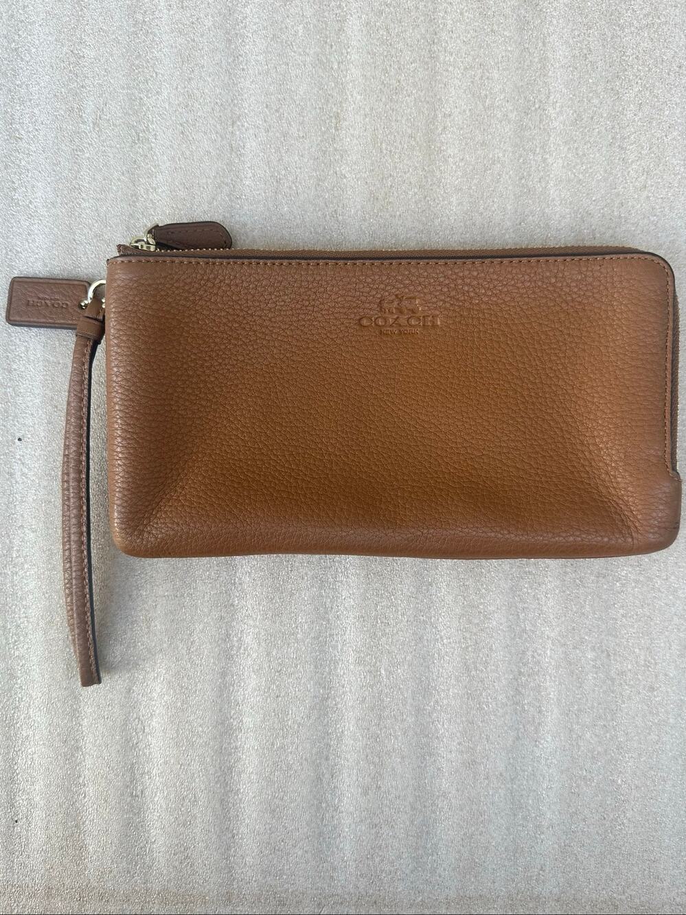 Coach Double Zip Wristlet Wallet Saddle Brown Pebbled Leather Gold H1681 F54056